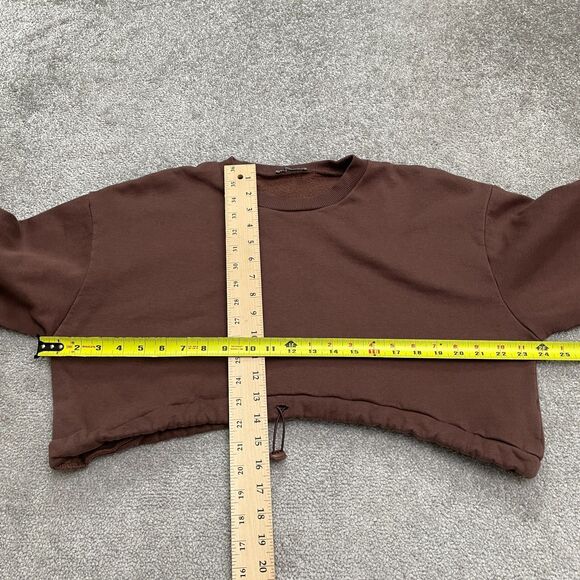 Zara Cropped Drawstring Pullover Sweatshirt Womens Large Brown Fleece Casual - Picture 6 of 11